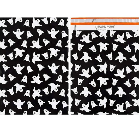 10 pk 14.5x19 INCH POLY MAILERS: White Ghosts on Black background - Picture 2 of 9